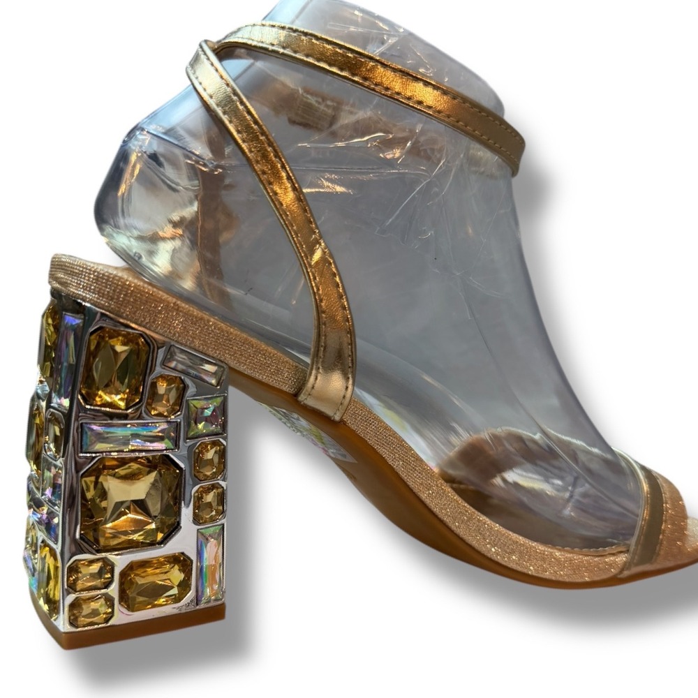 Belovey Sz 6.5 Women Gold Crystal Embellished Block Heel Ankle Strap Sandals - Picture 13 of 15